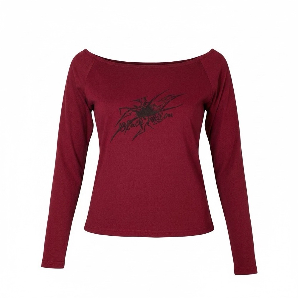 Y2K Off Shoulder Crop Top Gothic Spider Print Red Womens Size L Long Sleeve